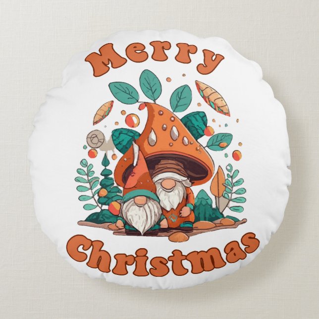 Retro Gnome Christmas Round Pillow (Front)