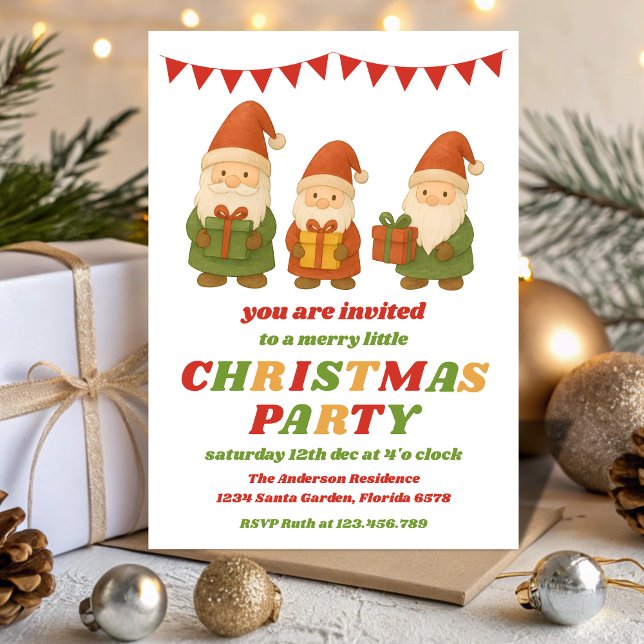 Retro Gnomes Editable Christmas Party Invitation (Creator Uploaded)