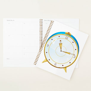 Retro Gold Alarm Clock with Blue Trim Timepiece  Planner