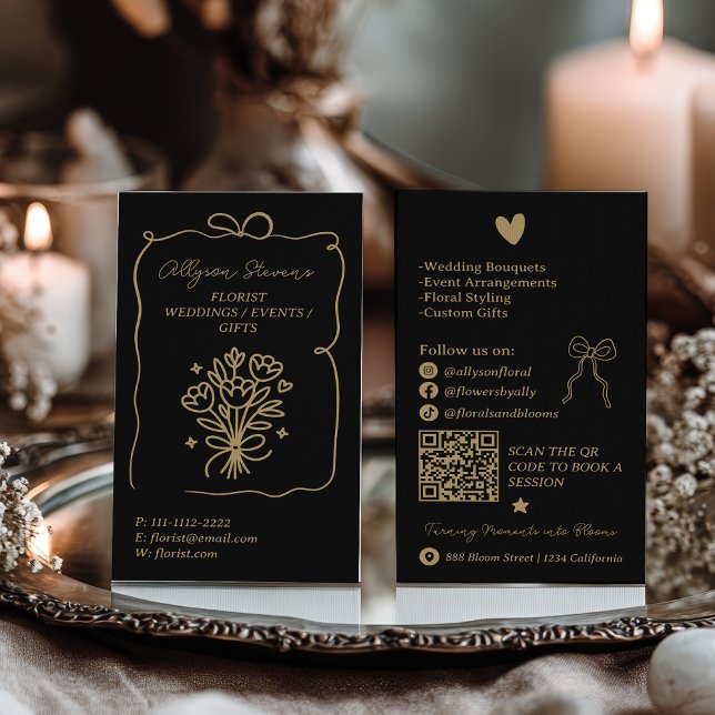Retro Gold Black Doodles Florist Artist QR Code Business Card (Retro Gold Black Doodles Florist Artist QR Code Business Card)