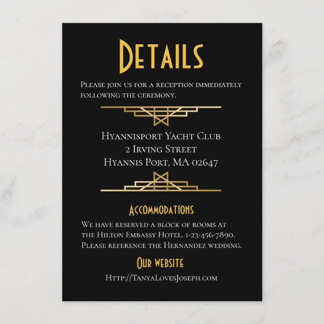 Retro Gold Black Great Gatsy Détails Carte Mariage (Devant)