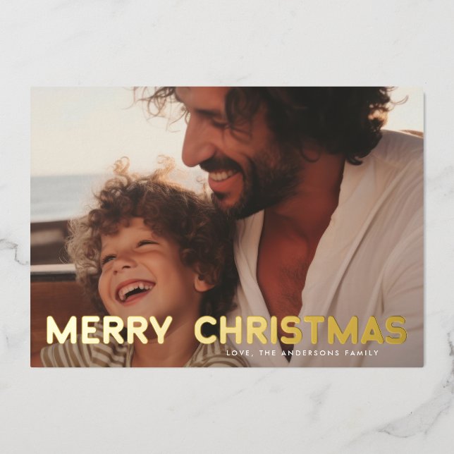 Retro Gold BOLD MERRY CHRISTMAS photo Foil Holiday Card (Front)