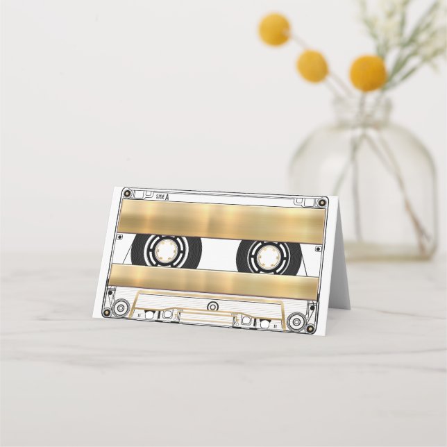 Retro Gold Cassette Tape Blank Wedding Folded Place Card (Front)