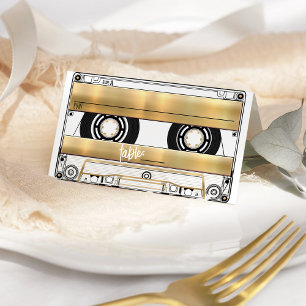 Retro Gold Cassette Tape Wedding Folded Place Card