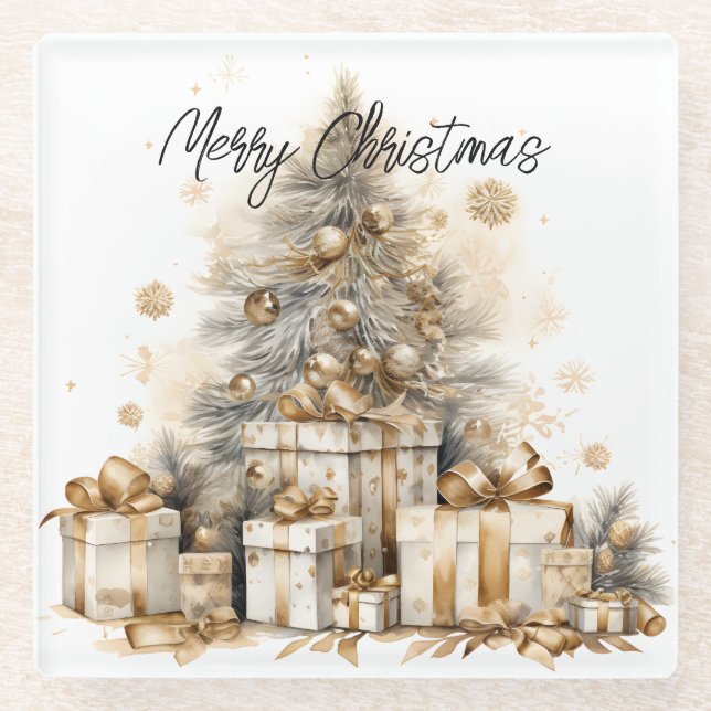 Retro Gold Christmas Tree  Glass Coaster (Front)