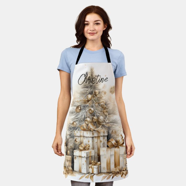 Retro Gold Christmas Tree Name Apron (Worn)