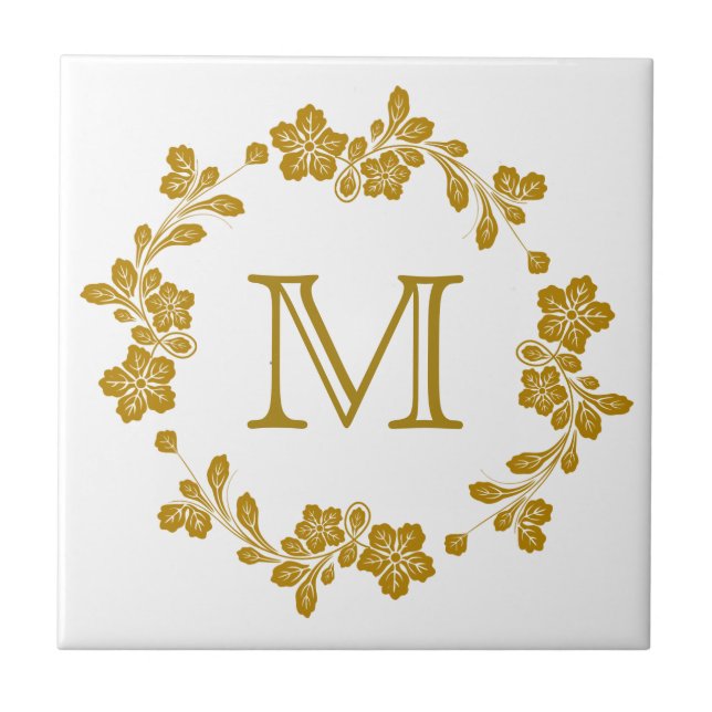 Retro Gold Floral Border Monogram Tile (Front)