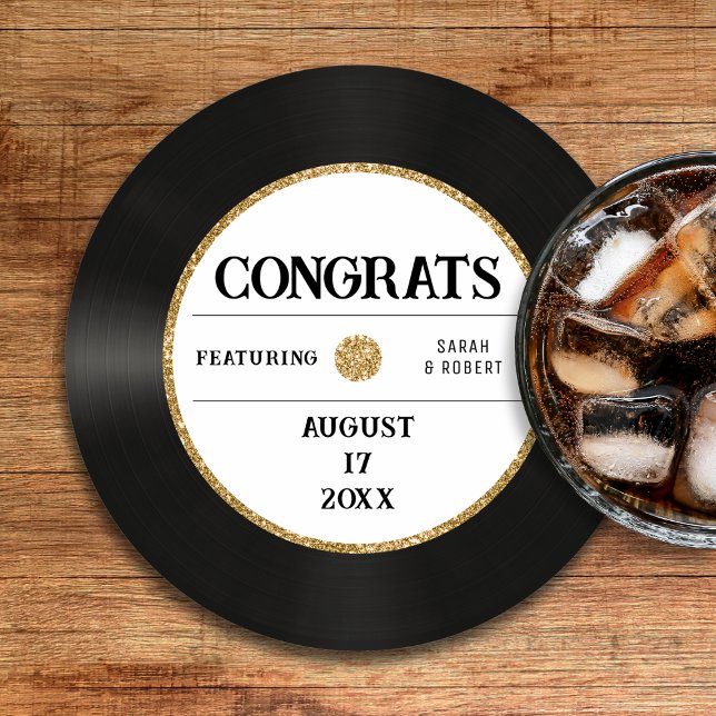 Retro Gold Glitter Vinyl Record Congrats Wedding Round Paper Coaster (Retro Gold Glitter Vinyl Record Congrats Wedding Round Paper Coaster
)