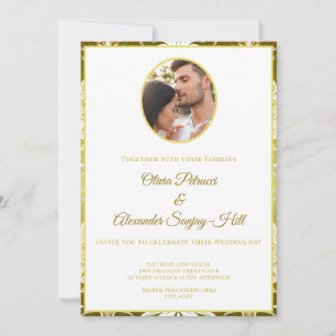 Retro Gold Green Damask 1 Photo Wedding Invitation
