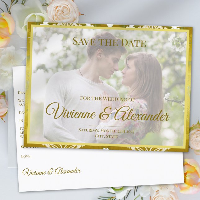 Retro Gold Green Damask Save the Date Announcement (Creator Uploaded)