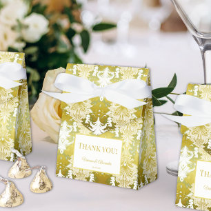 Retro Gold Green Damask Wedding Favor Box