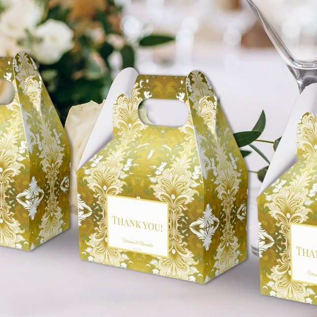 Retro Gold Green Damask Wedding Favor Box (Creator Uploaded)