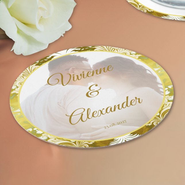 Retro Gold Green Damask Wedding Photo  Round Paper Coaster (Creator Uploaded)