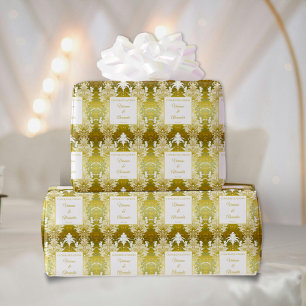 Retro Gold Green Damask Wedding Wrapping Paper