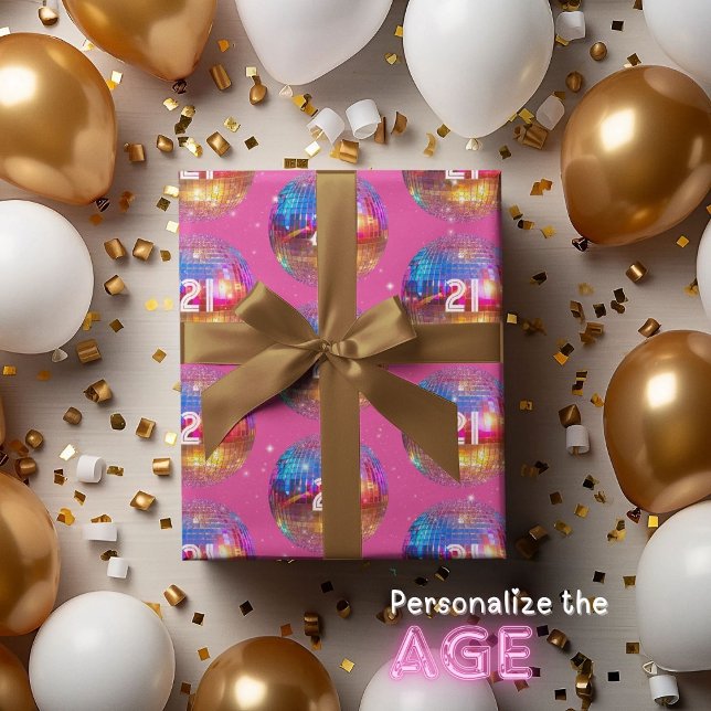 Retro Gold Pink Glitter Disco Ball Custom Birthday Wrapping Paper (Creator Uploaded)