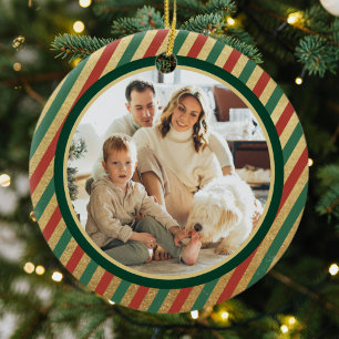 Retro Gold Stripes Family Photo Merry Christmas Ceramic Ornament