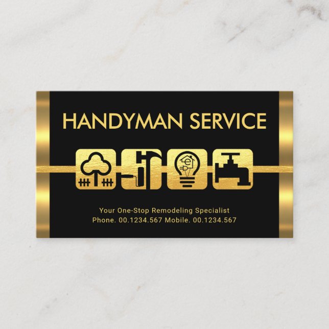 Retro Gold Stripes Handyman Tools Motif Business Card (Front)