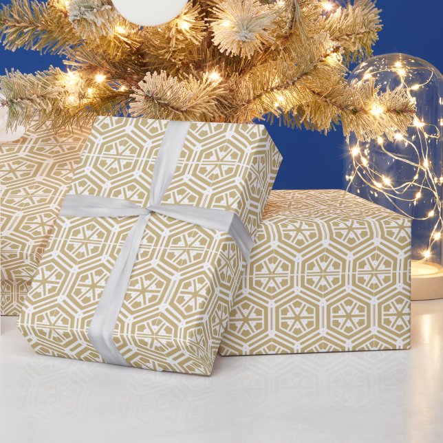 Retro gold white hexagonal geometric pattern wrapping paper (Holidays)