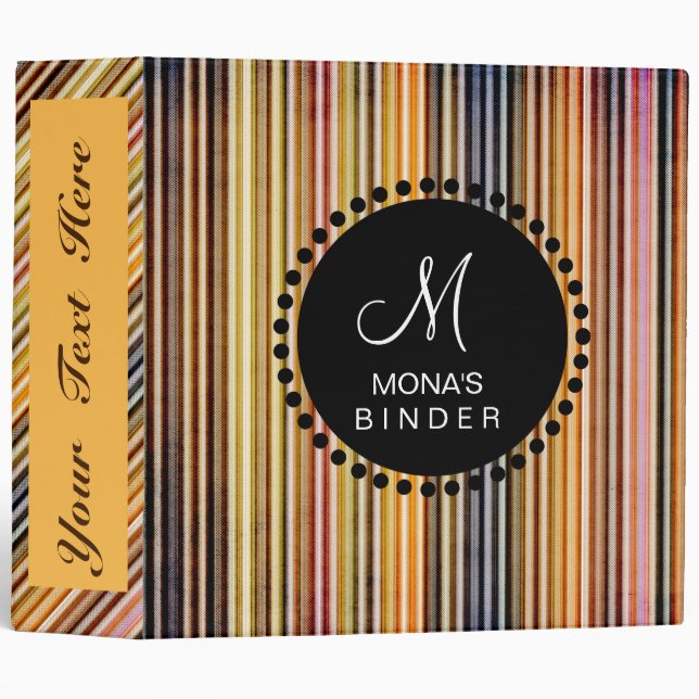 Retro Gold Yellow Striped Personalize Monogram Binder (Front/Spine)