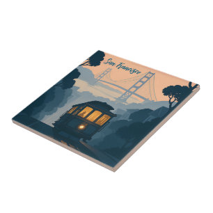 Retro Golden Gate Bridge, Cable Car, San Francisco Tile