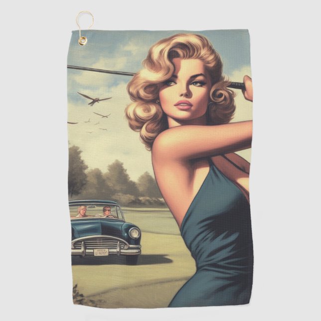 Retro Golf Girl Golf Towel (Front)