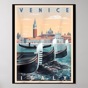 Retro Gondola Boats With Venice Skyline Italy Poster