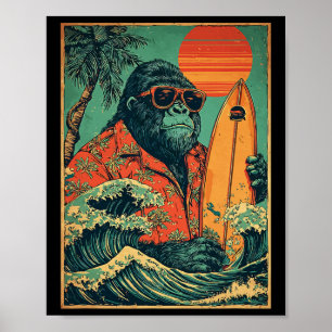 Retro Gorilla Surfer Hawaiian Animal Surfing Beach Poster