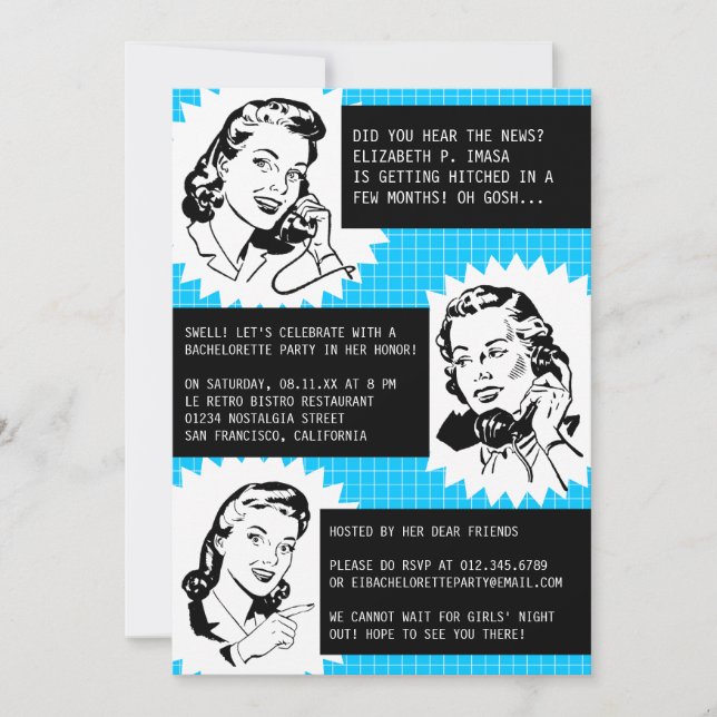 Retro Gossip Gals Bachelorette Party Invitations (Front)
