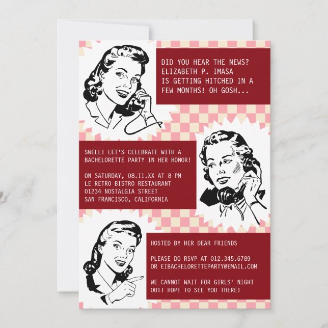 Retro Gossip Gals Bachelorette Party Invitations (Front)