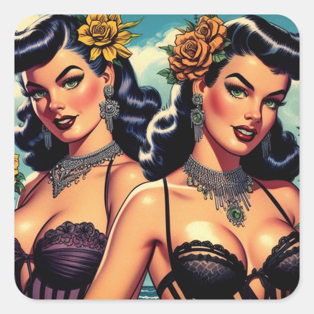 Retro Goth Girls Pin-up Square Sticker (Front)