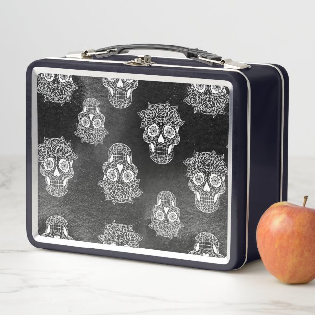 Retro Gothic Style Sugar Skull Black Metal Lunch Box (In Situ)