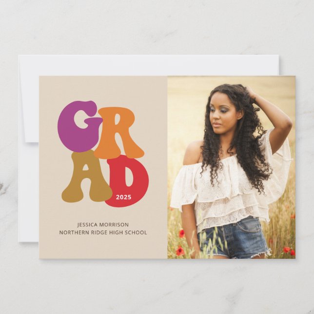 Retro Grad Colourful 70s Photo Graduation Party Invitation (Front)