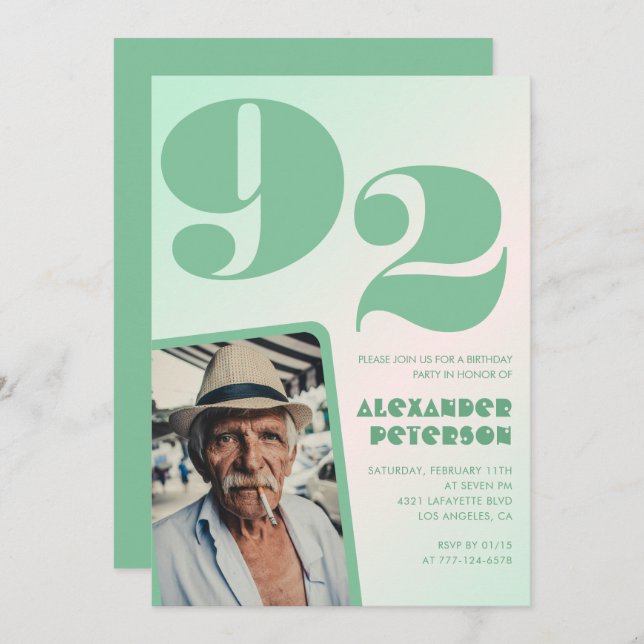 Retro Gradient for him Photo 92nd birthday Invitation (Front/Back)