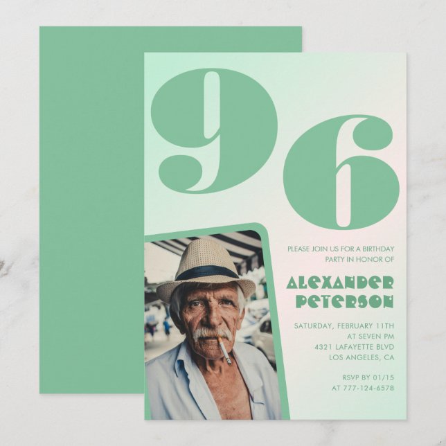 Retro Gradient for him Photo 96th birthday Invitation (Front/Back)