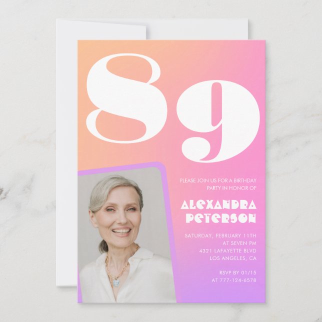 Retro Gradient Pink 89th birthday Invitation (Front)