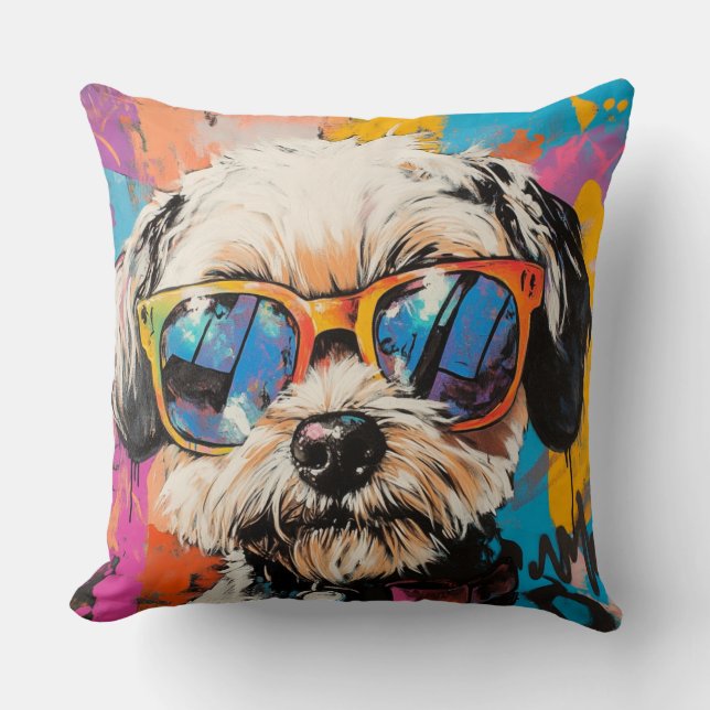 Retro Graffiti Groovy Shih Tzu Dog In Shades Throw Pillow (Front)
