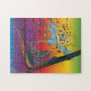 Retro gramophone on background with rainbow colour jigsaw puzzle