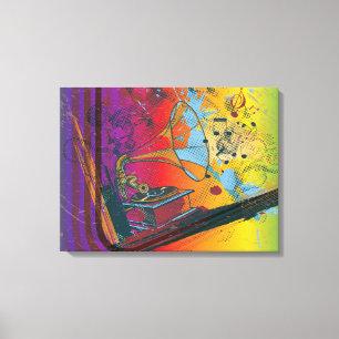 Retro gramophone on rainbow wrapped canvas print