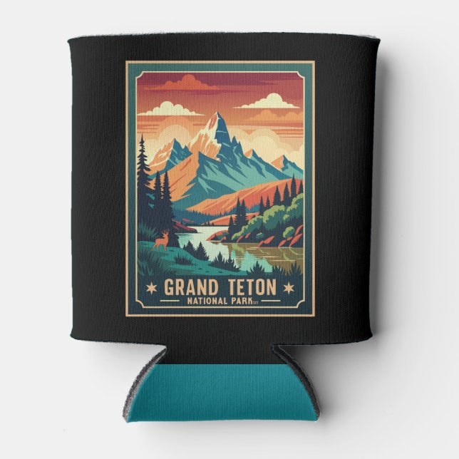 Retro Grand Teton Hike Sunset T-Shirt Can Cooler (Front)