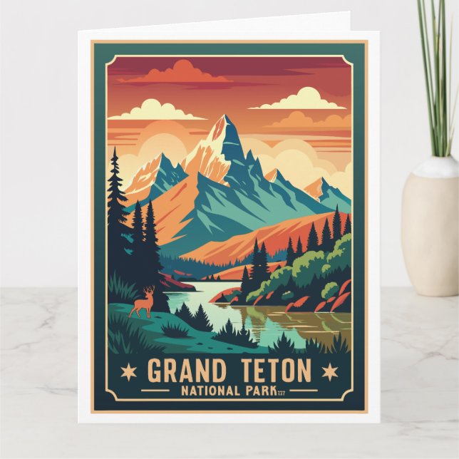 Retro Grand Teton Hike Sunset T-Shirt Card (Front)