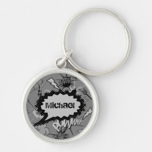 Retro Gray Comic Book Pattern Personalized Keychain