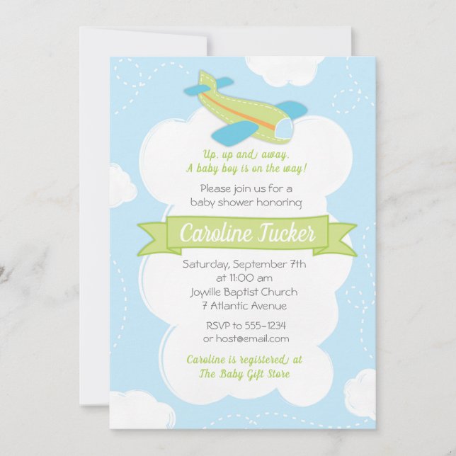 Retro Green Airplane Baby Shower Invitation (Front)