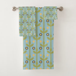 Retro Green and Blue Cute Folksy Floral Pattern Bath Towel Set