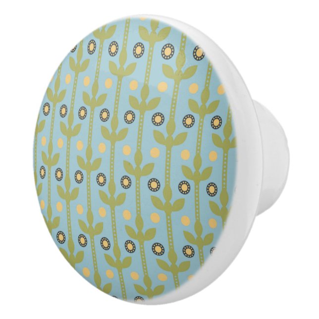 Retro Green and Blue Cute Folksy Floral Pattern Ceramic Knob (Right)