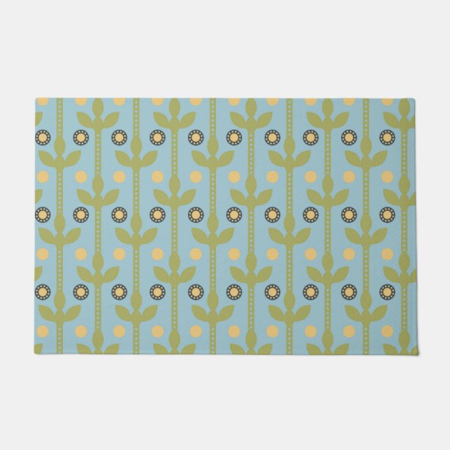 Retro Green and Blue Cute Folksy Floral Pattern Doormat (Front)