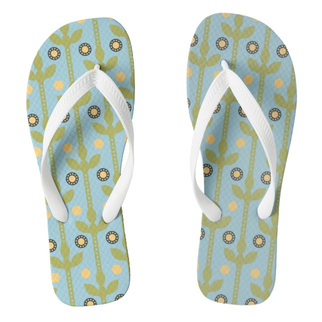 Retro Green and Blue Cute Folksy Floral Pattern Flip Flops (Footbed)