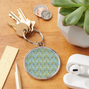 Retro Green and Blue Cute Folksy Floral Pattern Keychain
