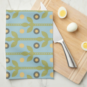 Retro Green and Blue Cute Folksy Floral Pattern Kitchen Towel