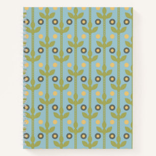Retro Green and Blue Cute Folksy Floral Pattern Notebook