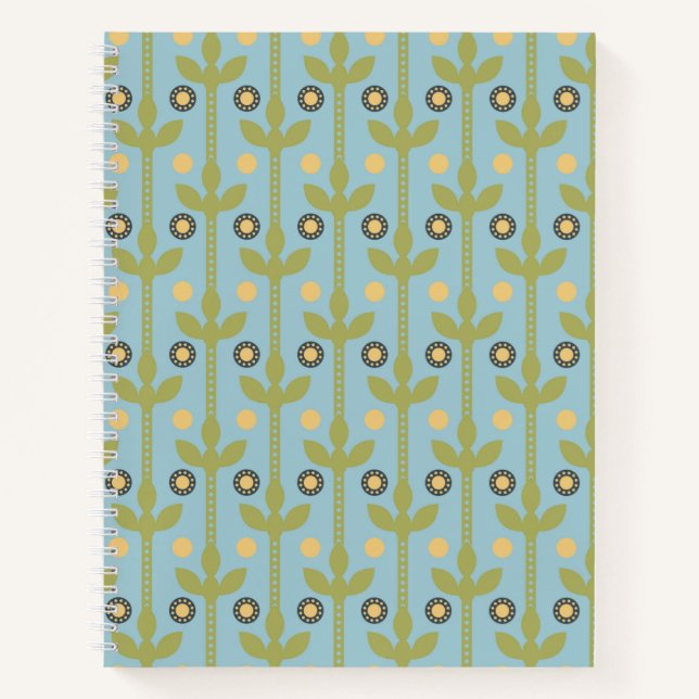 Retro Green and Blue Cute Folksy Floral Pattern Notebook (Front)